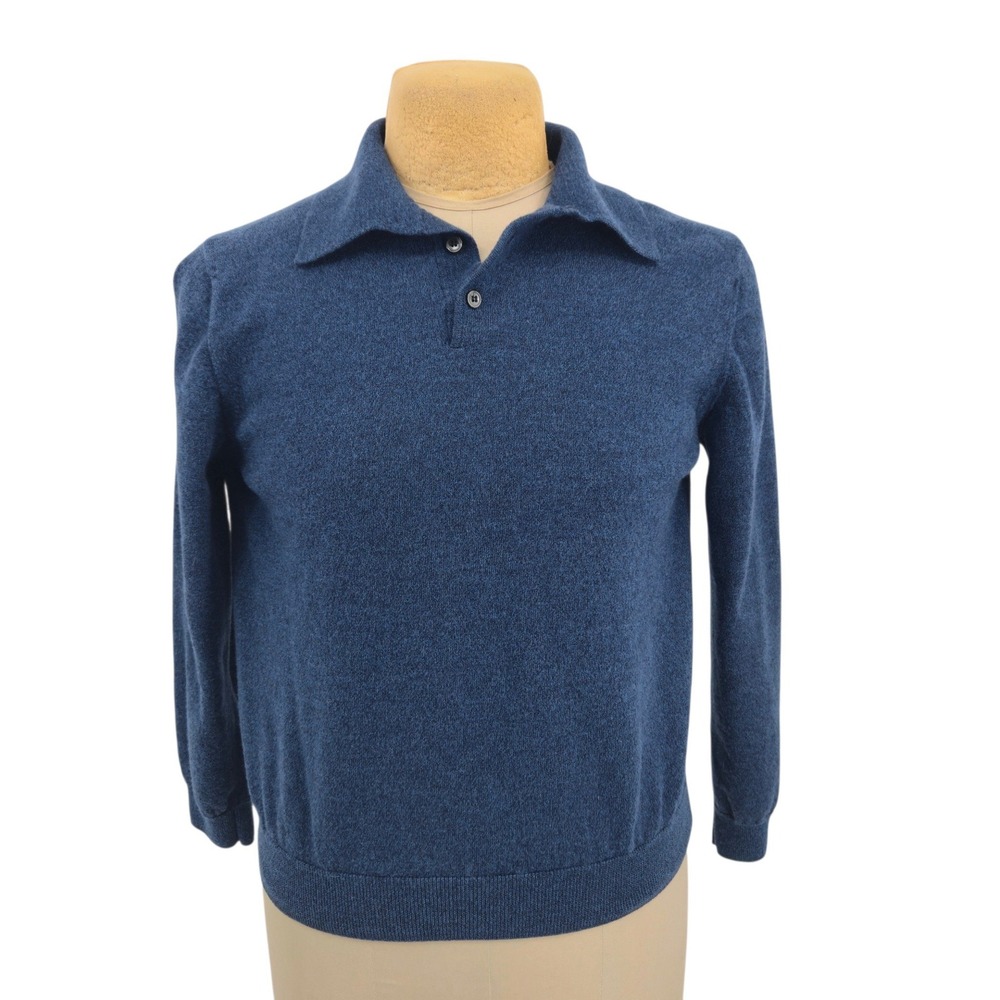 John Ashford Polo Sweater Mens Large Blue Extra Fine Merino Wool Made In Italy